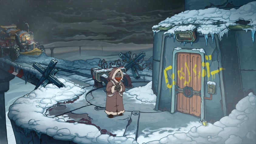 Дверь внутрь бункера, куда Руфус пытается попасть в прологе игры.