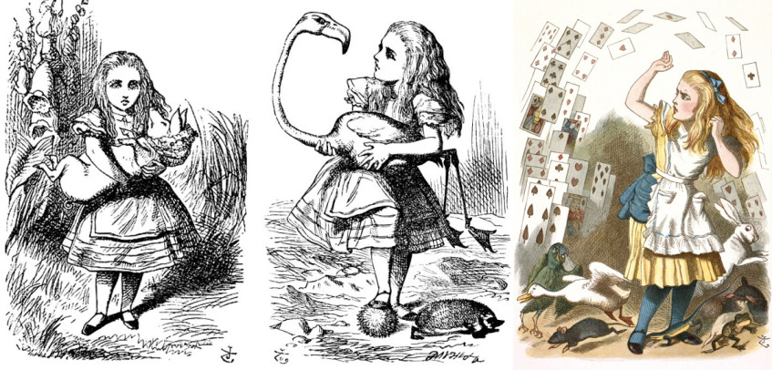 Все оригинальные иллюстрации «Алисы» были чёрно-белыми, но спустя некоторое время Тенниел подготовил цветной вариант картинок к выпуску упрощённого издания сказки для самых маленьких.