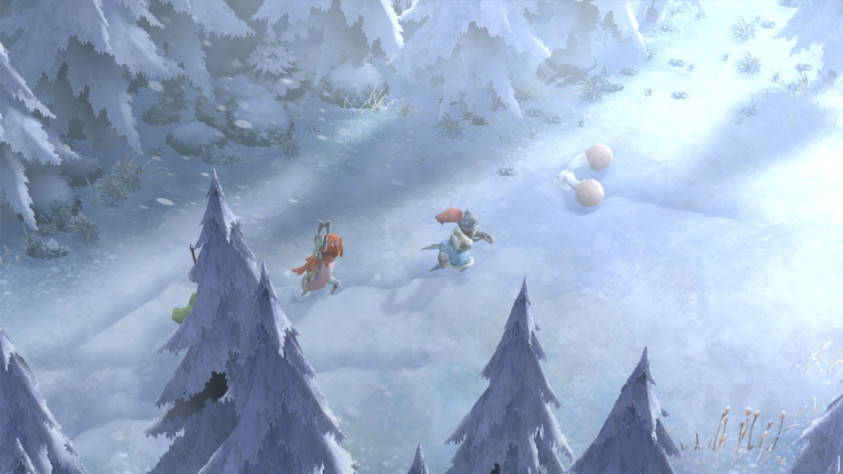 Пробираясь сквозь метель, герои по колено проваливаются в снег и оставляют за собой протоптанные борозды.