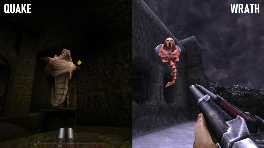 Сходство скрагов из Quake и местных летающих тварей почти портретное, а хват двустволки точно подсмотрен в Quake II.