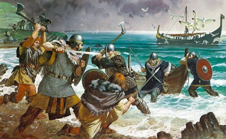 «Битва ирландских воинов с викингами, IX век», иллюстрация Ангуса Макбрайда (Angus McBride).