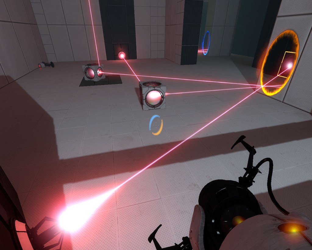 Уровень портала игры. Portal 2 лазер. Portal 2 Triple Laser. Portal 2 сплит скрин. Портальные пушки игра.
