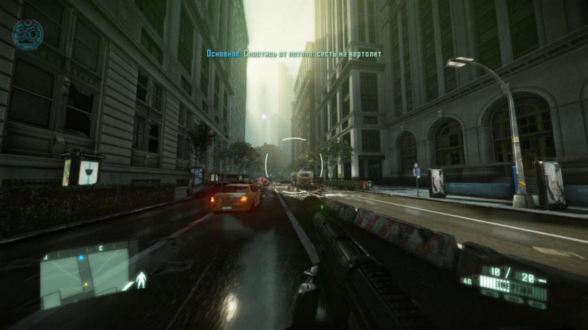 Свет и отражения — сильная сторона Crysis 2. Мокрый асфальт, уютно мигает аварийкой такси…