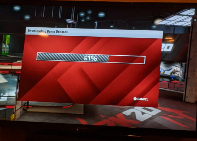 Злосчастный экран загрузки обновления в NBA 2K20 на Stadia.