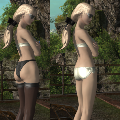 Слева — персонаж FFXIV с трусами и чулками 2B, справа — в одежде из MMORPG. Скриншот до нерфа.