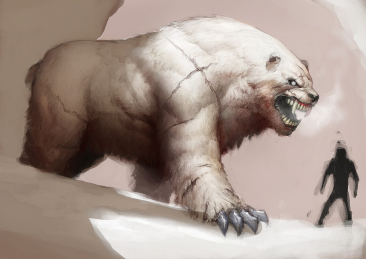 Белое чудище. Беар медведь концепт арт. Гигантский Короткомордый медведь. Гигантский белый медведь.