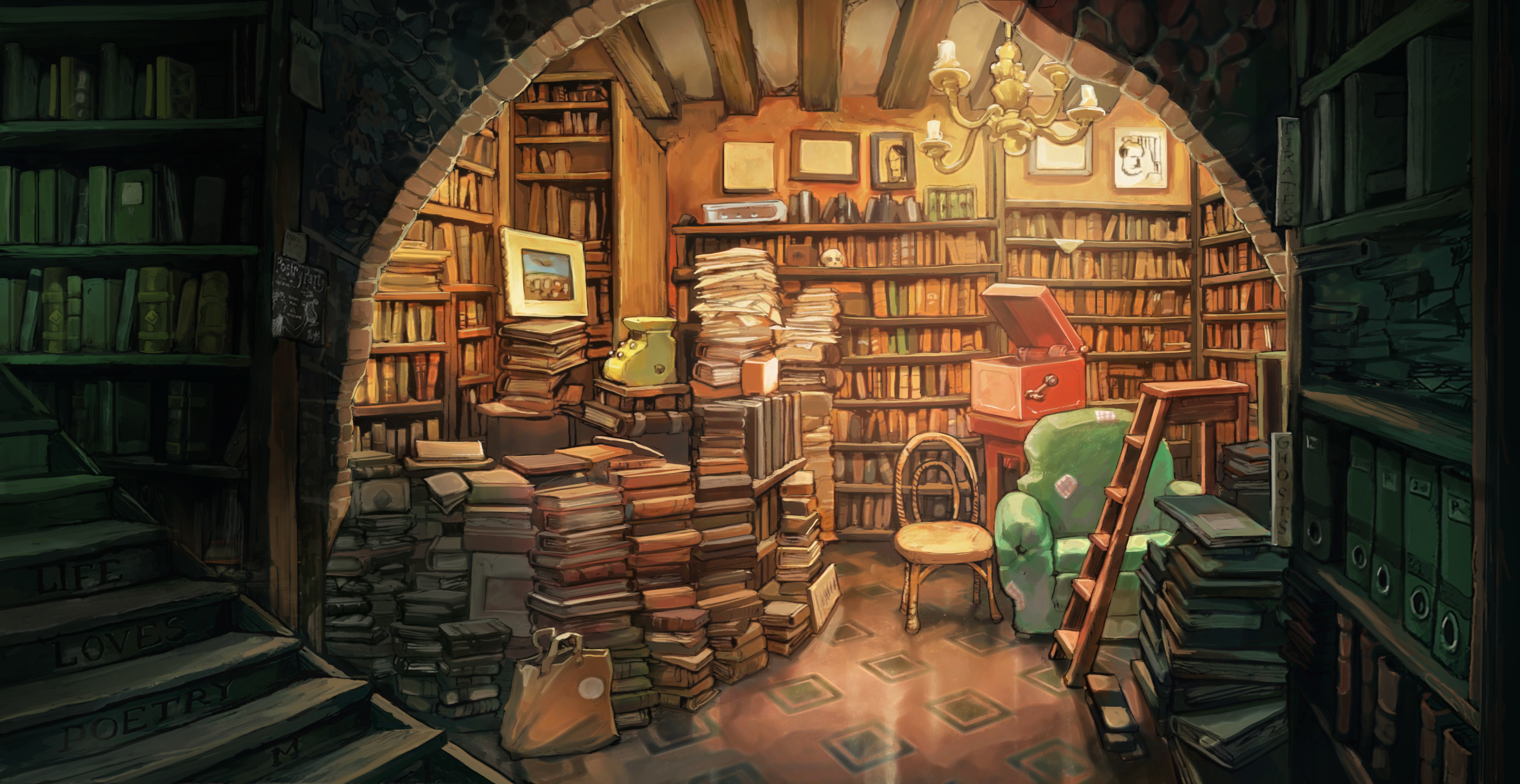 Сказочная библиотека. Комната с книгами фэнтези. Полки для книг. Комната с книжными полками арт.
