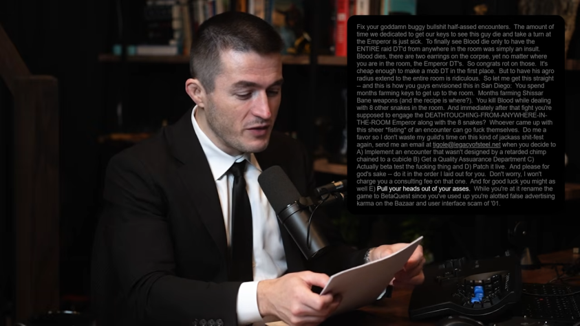 Джефф Каплан эпохи Overwatch выглядит как мягкий, добрый и&amp;nbsp;вежливый человек. Но&amp;nbsp;Джефф Каплан эпохи EverQuest славился тем, что ругал разработчиков на&amp;nbsp;чём свет стоит и&amp;nbsp;был похож на&amp;nbsp;стереотипного «геймера в&amp;nbsp;ярости».На&amp;nbsp;скриншоте одно из&amp;nbsp;его сообщений на&amp;nbsp;форуме EverQuest. Каплан использовал фразы вроде: «Почините свои проклятые забагованные сырые бои», «тот, кто придумал этот фистинг вместо боя может проследовать нах**» и&amp;nbsp;«переименуйте свою игру в&amp;nbsp;BetaQuest». По&amp;nbsp;мнению Каплана, это связано не&amp;nbsp;только с&amp;nbsp;тем, что он&amp;nbsp;был молод и&amp;nbsp;горяч, но&amp;nbsp;и&amp;nbsp;с&amp;nbsp;тем, что природа общения в&amp;nbsp;интернете часто заставляет изливать больше негатива, чем позитива.