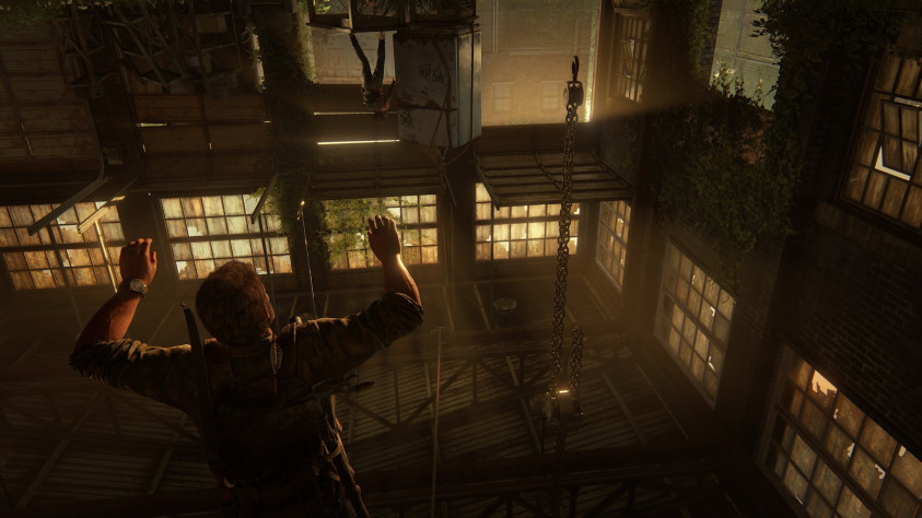 Одна из редких сцен мини-игр. Мы висим вниз головой и отстреливаем подступающих зомби, а Элли работает таймером - ища как же отцепить трос-ловушку от холодильника.