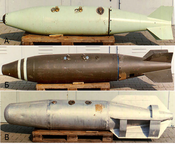 Типовые авиационные химические бомбы Ирака: А. AALD-250, Б. AALD-500, В. DB-2
