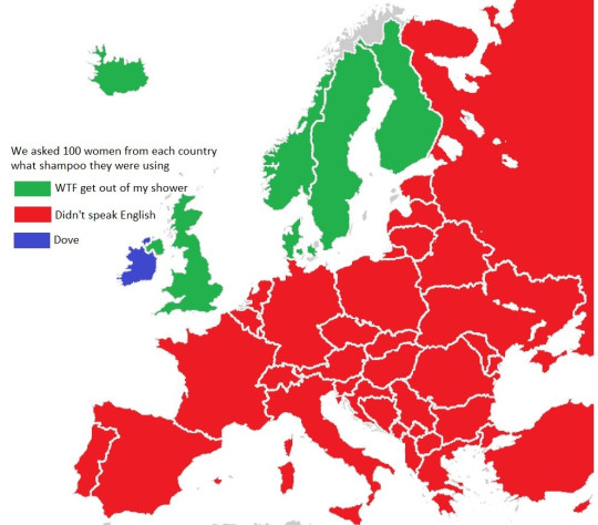 Мы&amp;nbsp;опросили по&amp;nbsp;100 женщин из&amp;nbsp;каждой страны, каким шампунем они пользуются.Зелёный цвет: Что за&amp;nbsp;хрень, убирайся из&amp;nbsp;моей душевой.Красный цвет: Не&amp;nbsp;говорю по-английски.Синий цвет: Dove.
