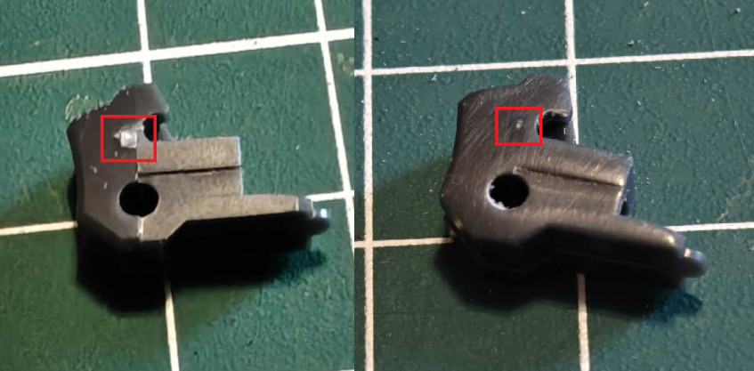 Результат использования этих пилок. Да, "демедж марка" почти исчезла, но сама деталь, как видно, довольно сильно поцарапалась, а углы скруглились. Благо это внутренняя деталь