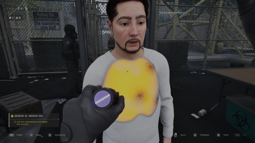 Люди, которым нужно слушать лёгкие при помощи стетоскопа, должны кашлять. А&amp;nbsp;при самом осмотре в&amp;nbsp;жёлтой области должны быть чёрные пятна.