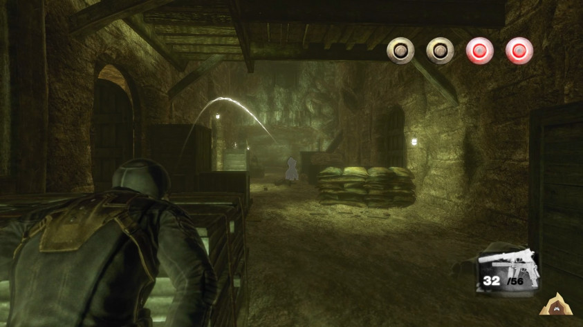 К слову, можете сразу и интерфейс оценить: очки адреналина, текущее оружие и боезапас, а также дуговая траектория