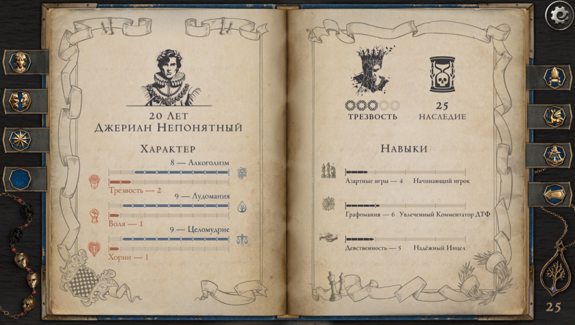 Пример описания навыков и показателей персонажа в игре. 