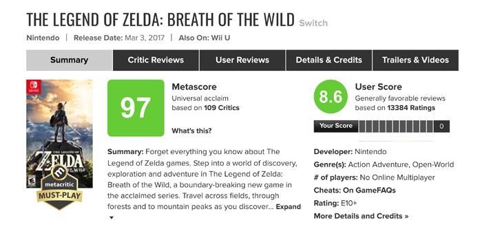 The Legend of Zelda: Breath of the Wild - Metacritic