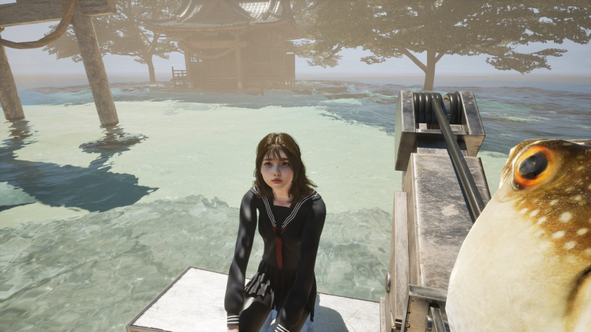 Рыба в руке, девушка на лодки, храм в воде. Показательно