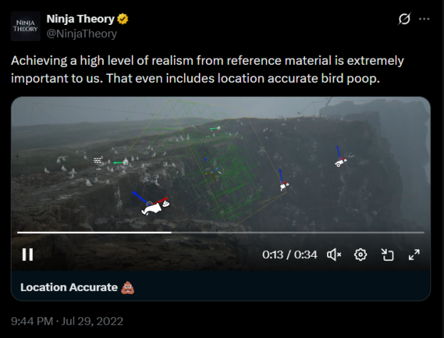Достижение высокого уровня реализма на основе референсных материалов чрезвычайно важно для нас. Это включает даже точный в плане расположения птичий помет. Ninja Theory