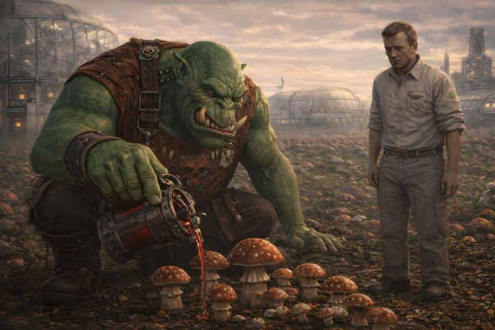 Орк и фермер в грибном саду