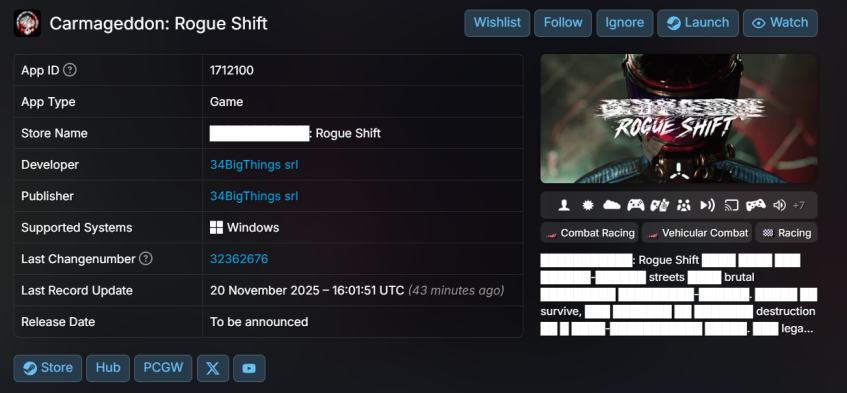 Скриншот страницы Carmageddon: Rogue Shift на&amp;nbsp;SteamDB.
