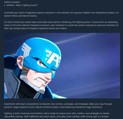 Раньше времени загруженное описание MARVEL Tōkon: Fighting Souls в&amp;nbsp;Steam.