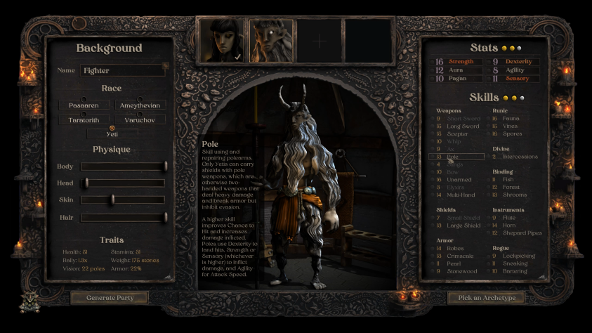 К&amp;nbsp;каждому виду оружия привязаны свои характеристики. Чтобы успешнее орудовать шестом, придётся прокачивать силу и&amp;nbsp;восприятие, поэтому второстепенное оружие тоже должно задействовать эти статы.