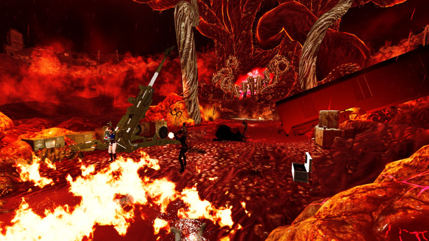 Финальный босс — это absolute cinema. Пока нас прикрывает напарница, мы уничтожаем из ракетницы наросты, а после стреляем в огромную голову из гаубицы и горнодобывающего спутника.