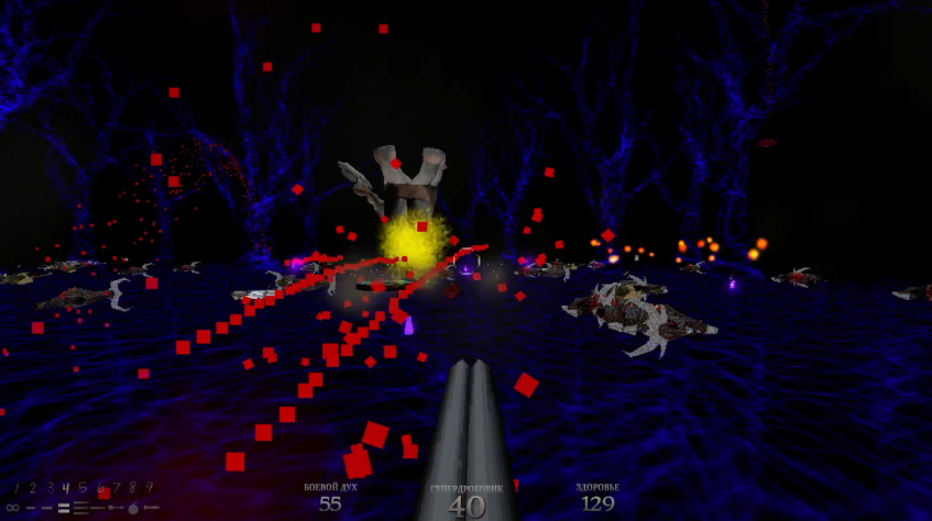 Последний уровень по сути представляет собой массовый замес на арене, где на нас натравливают волнами всех врагов, какие нам только встречались в игре. Патронов много, бонусов много, музыка бодрая, а враги выступают не только против нас, но и против друг друга. То есть это полноценный хаос и неразбериха, но зато весело.