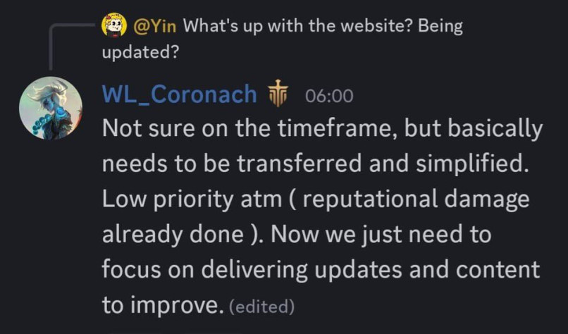 Сообщение от&amp;nbsp;члена команды Wildlight в&amp;nbsp;Discord.