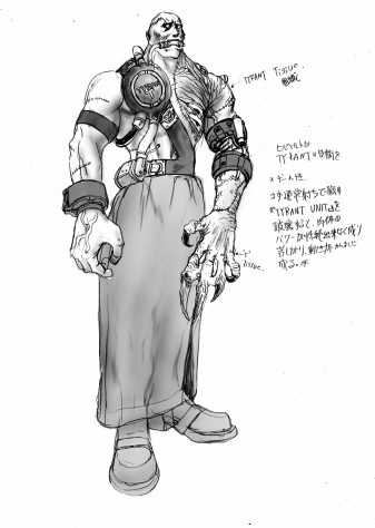 Телосложение и конечности как у Тирана из первой части, плащ (вернее, нижняя его часть) как у Мистера Икса, механическое сердце и дыхательная трубка как у Немезиса (занятно, что сей вариант больше напоминает разновидность монстра из ремейка третьей части)