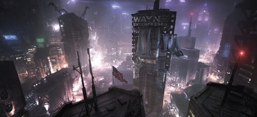 Разрушенная башня Wayne Enterprises на&amp;nbsp;фоне залитого светом ночного Готэма