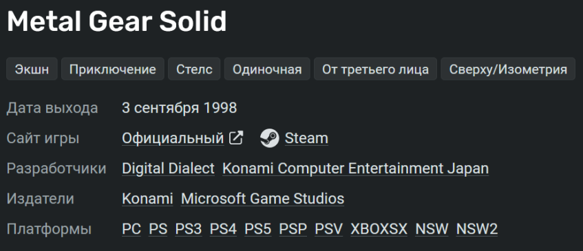 MGS официально выходила только на&amp;nbsp;PS1, на&amp;nbsp;других платформах это была обратная совместимость или эмуляция. Но&amp;nbsp;PS2 почему-то отсутствует, хотя PS3 есть.