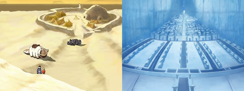 Слева мы видим скромное южное племя воды, а справа многоуровневое северное племя воды