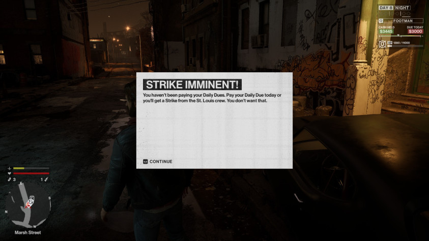 Угроза пришла как будто случайно, прямо перед этим я исправно выплачивал долг, даже сверх дневной меры. В первый игровой день я избил коллекторов, которые стояли около моей машины. Когда они пришли повторно, я просто ушёл и призвал машину сигналкой (просто появляется неподалёку, а не приезжает, как в Cyberpunk 2077). Да, такая механика здесь есть и позволяет весьма вольно жонглировать машиной.