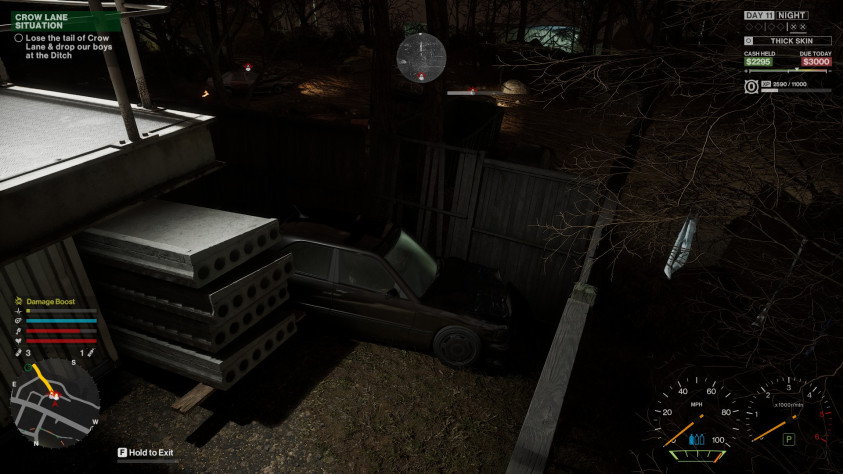 Игра советует глушить двигатель, чтобы избавиться от преследования. Здесь видно, что тактика "заехать в закоулок и заглушить" сработала. Кстати, в этом случае меня преследовала не полиция, а враждебная группировка, так что никаких вертолётов и шипов на дороге