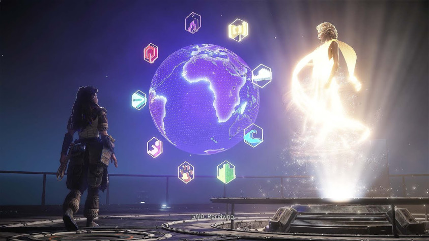 Элой и голографическое воплощение ГЕИ - искусственного интеллекта, ответственного за восстановление планеты