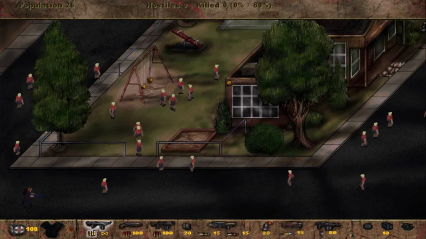 Кадр из уровня в Postal, на котором игроку предлагается расстреливать школьников (у него не выйдет, они все бессмертны)