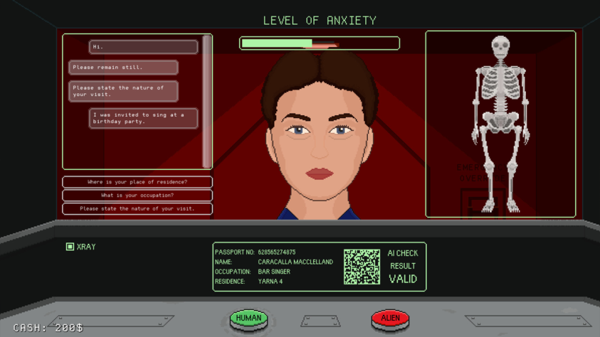 Human or Not предлагает вам две кнопки - "человек" и "пришелец", как штампы в Papers, Please. После трех вопросов досматриваемому человека следует пропустить, а пришельца нет.