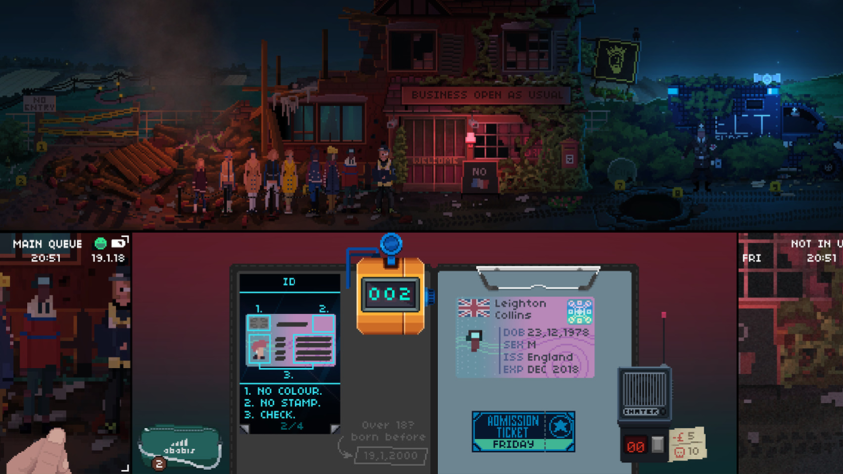 Not Tonight почти полностью копирует механики Papers, Please, но, в отличие от оригинала, полна иронии и даже легкомыслия. Можно сказать, это Papers, Please для тех, кого пугает депрессивная атмосфера.