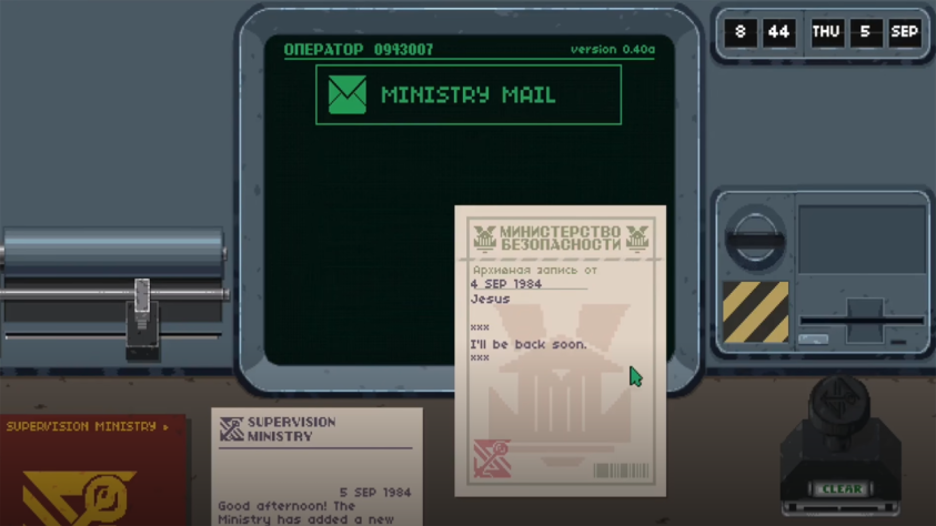 Bystander даже внешне слизан с Papers, Please: получаешь фрагменты переписки граждан и ищешь в них крамолу. Но без разнообразия и целостной задумки, как в оригинале. Иисус обещает скоро вернуться? - Ничего подозрительного, ставим CLEAR.