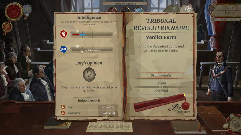 We. The Revolution, как и Papers, Please, требует от вас балансировать между личными и профессиональными интересами. Вы не просто судья, вы судья революционного трибунала, и ваш приговор не может быть отвлеченным от политики. При этом каждый приговор вам придется обсудить еще и дома с семьей, и вот тут ваша благоверная будет пострашнее самого Робеспьера.