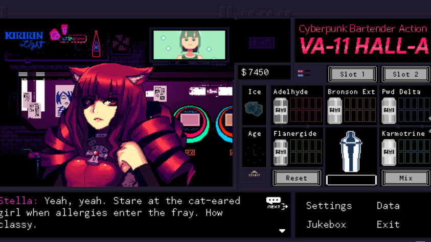 В VA-11 Hall-A: Cyberpunk Bartender Action смешивание коктейлей заменяет проставление штампов: каждый ингредиент напитка повернет диалог в свою сторону.
