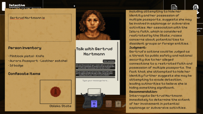 В Civil Purgatory, помимо привычных механик Papers, Please, можно сыграть в доктора Хауса и отправить людей обыскать дом подозреваемого. Единственная особенность игры состоит в том, что диалоги прямо на ходу сочиняет ИИ.