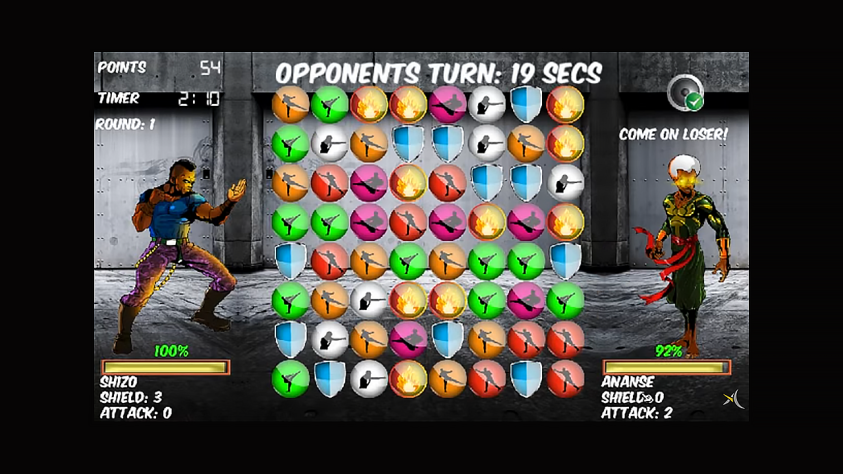 (Сорри за качество фото - так в игре) Africa's Legends - необычное сочетание жанров. Файтинг + "три в ряд". Бои ведутся не напрямую, а через складывание разноцветных кружков в ряд. На каждом кружке нарисован конкретный боевой прием.