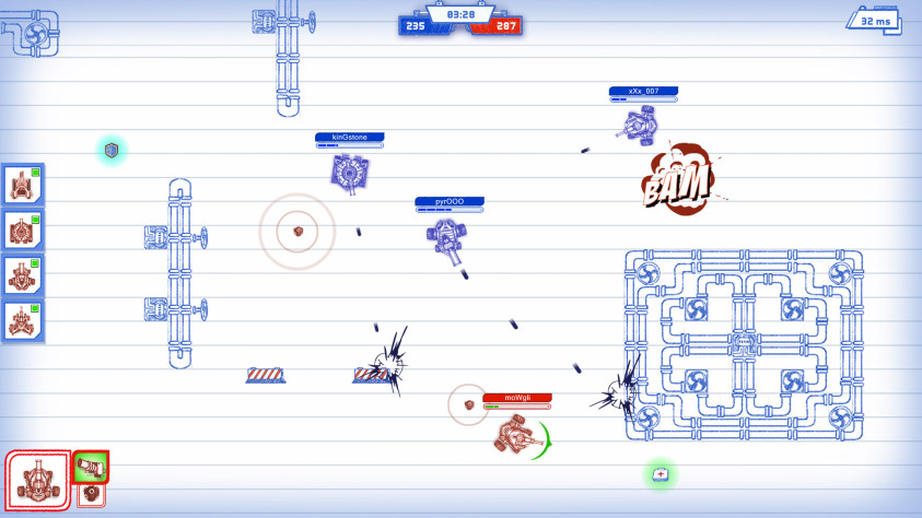 Scribbled
Arena — сетевая вариация «танчиков» с интересным
визуальным стилем: всё происходящее на экране как будто нарисовано от руки
шариковыми ручками и цветными карандашами на тетрадном листе в клеточку, как в детстве.
