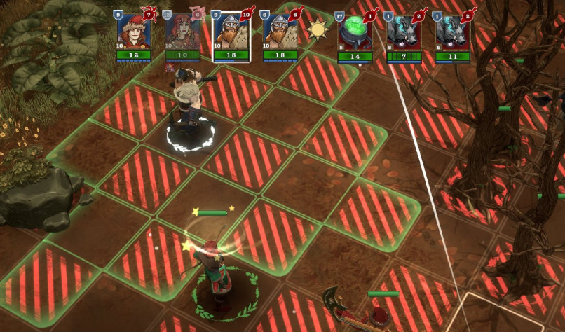 Берсерк «уронил» на
лучницу дерево своей неосторожной круговой атакой: теперь она оглушена на один
ход.