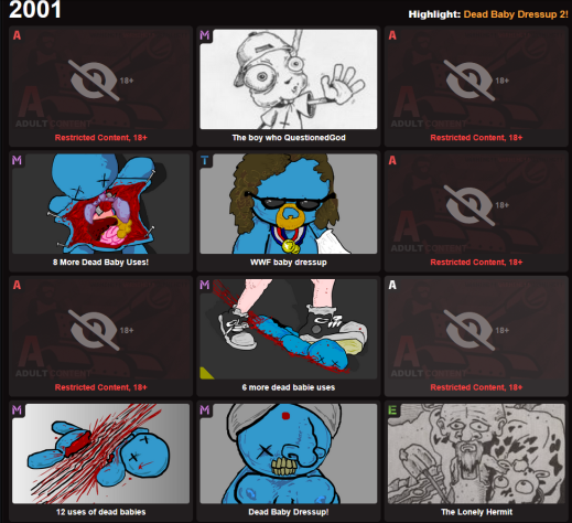 В чисто исторических соображениях можно упомянуть первые работы Эмунда Макмиллена, желания открывать и смотреть что внутри этих анимаций и игр у меня особо нет, а ещё у меня наверно будут проблемы с правилами сайта, если я буду демонстрировать подобные вещи. Примерно так выглядели первые флеш игры.