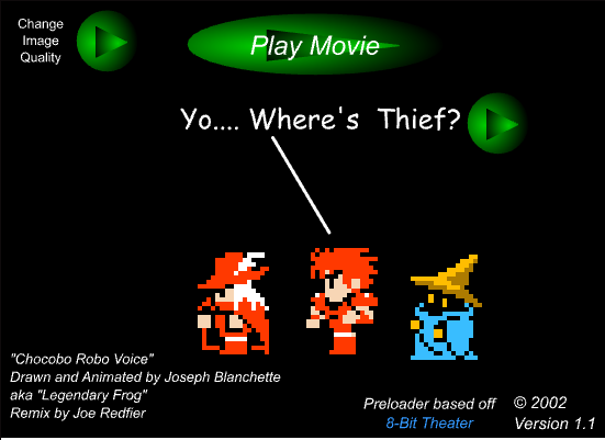 Трибьют играм серии Final fantasy с Newgrounds, перед началом анимации есть небольшой диалог, продвижение по которому происходит при нажатии соответствующей кнопки