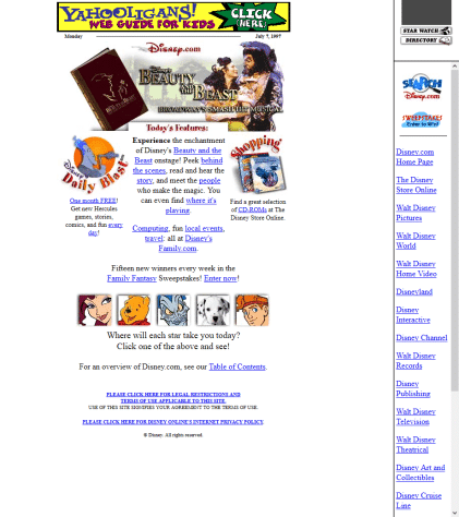 Сайт Дисней в 1997 году.