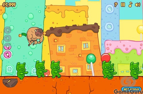 А дальше шёл полёт, для контроля игроку давался набор ракет которые отправляли главного героя к земле и подбрасывали при ударе, а так же в игре было очень много разных мармеладных мишек, наткнувшись начиналась простая мини-игра которая в случае успеха давало значительное увеличение скорости.